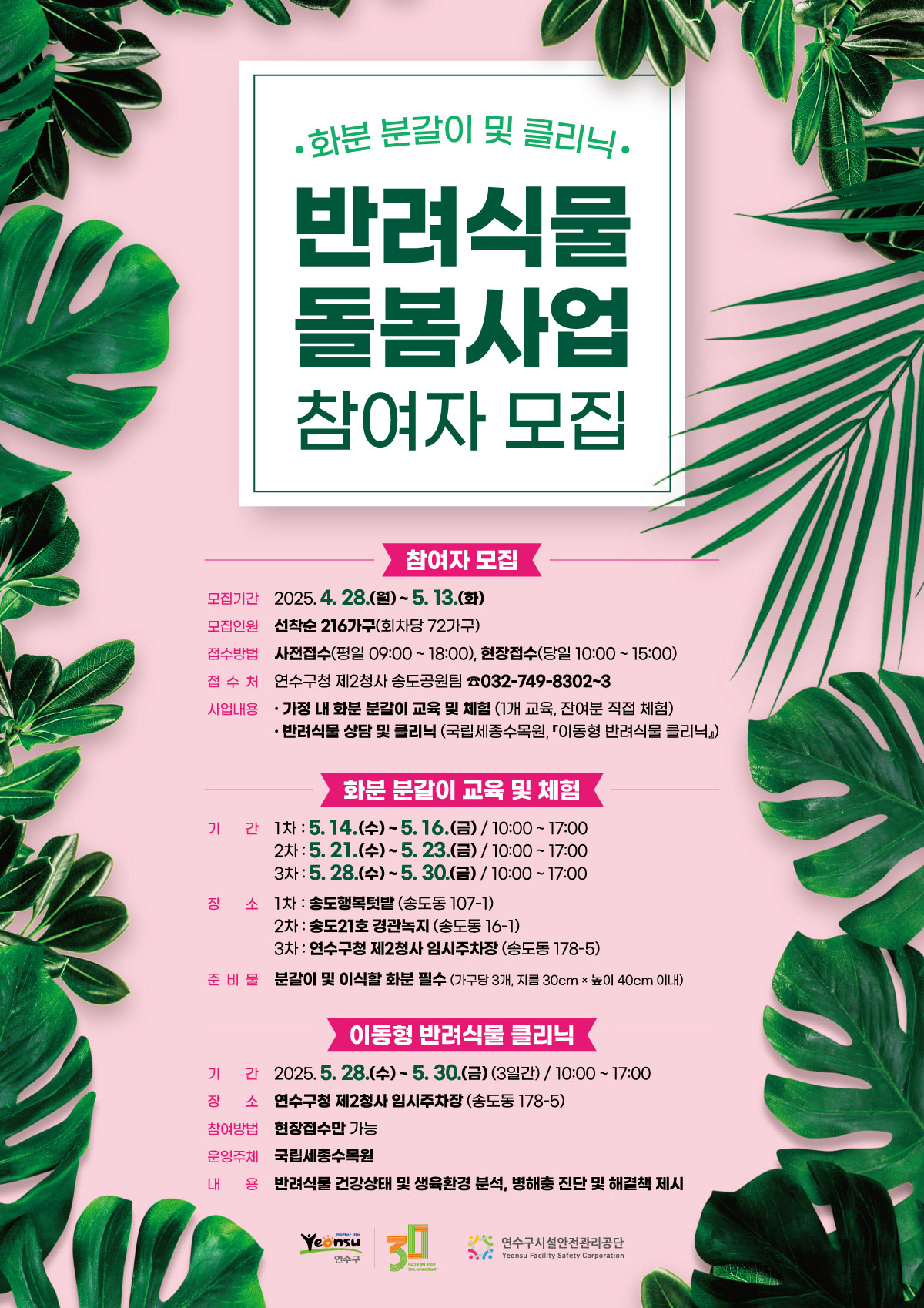연수구는 도시민의 정서적 안정과 녹색생활 실천을 위한 반려 식물 돌봄사업 참여자를 모집한다